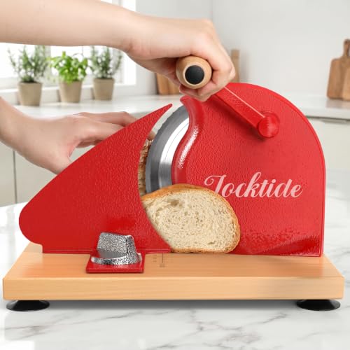 LockTide Manual Bread Slicer for Sourdough Homemade Adjustable Thickness | Hand Crank Bread Cutter With Scale Line & Suction Cups & Solid Wood Base & Sharp Serrated Blade, Evenly slices artisan loaves