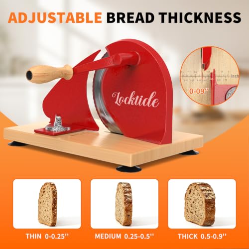 LockTide Manual Bread Slicer for Sourdough Homemade Adjustable Thickness | Hand Crank Bread Cutter With Scale Line & Suction Cups & Solid Wood Base & Sharp Serrated Blade, Evenly slices artisan loaves