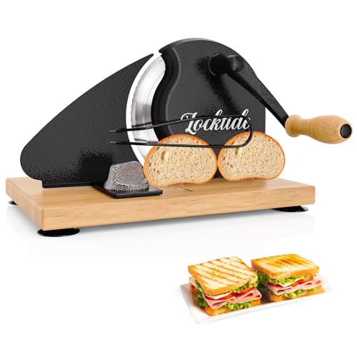 LockTide Manual Bread Slicer for Sourdough Homemade Adjustable Thickness | Hand Crank Bread Cutter With Scale Line & Suction Cups & Solid Wood Base & Sharp Serrated Blade, Evenly slices artisan loaves