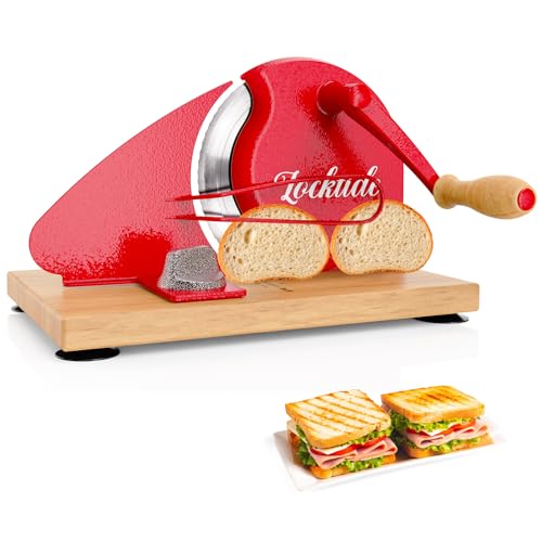 LockTide Manual Bread Slicer for Sourdough Homemade Adjustable Thickness | Hand Crank Bread Cutter With Scale Line & Suction Cups & Solid Wood Base & Sharp Serrated Blade, Evenly slices artisan loaves