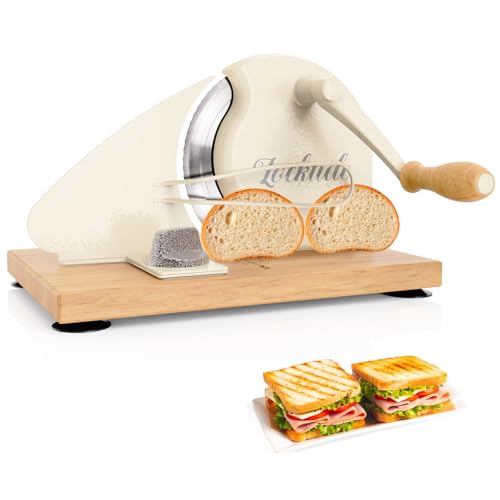 LockTide Manual Bread Slicer for Sourdough Homemade Adjustable Thickness | Hand Crank Bread Cutter With Scale Line & Suction Cups & Solid Wood Base & Sharp Serrated Blade, Evenly slices artisan loaves