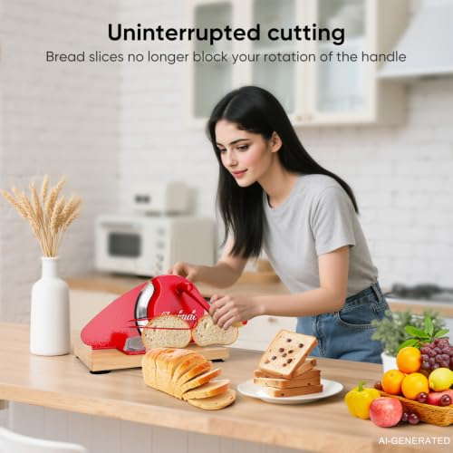 LockTide Manual Bread Slicer for Sourdough Homemade Adjustable Thickness | Hand Crank Bread Cutter With Scale Line & Suction Cups & Solid Wood Base & Sharp Serrated Blade, Evenly slices artisan loaves