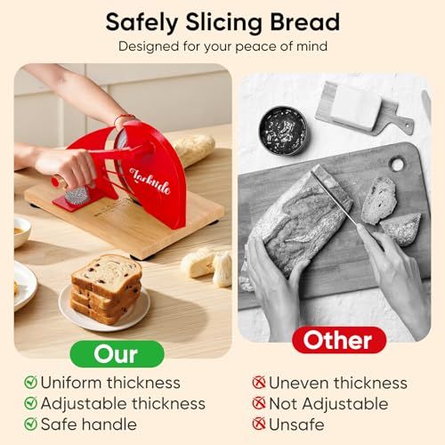 LockTide Manual Bread Slicer for Sourdough Homemade Adjustable Thickness | Hand Crank Bread Cutter With Scale Line & Suction Cups & Solid Wood Base & Sharp Serrated Blade, Evenly slices artisan loaves