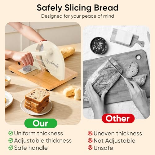 LockTide Manual Bread Slicer for Sourdough Homemade Adjustable Thickness | Hand Crank Bread Cutter With Scale Line & Suction Cups & Solid Wood Base & Sharp Serrated Blade, Evenly slices artisan loaves