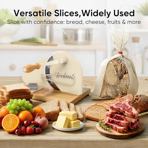LockTide Manual Bread Slicer for Sourdough Homemade Adjustable Thickness | Hand Crank Bread Cutter With Scale Line & Suction Cups & Solid Wood Base & Sharp Serrated Blade, Evenly slices artisan loaves