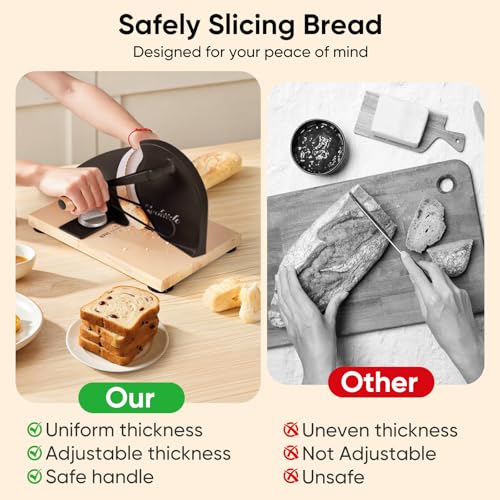 LockTide Manual Bread Slicer for Sourdough Homemade Adjustable Thickness | Hand Crank Bread Cutter With Scale Line & Suction Cups & Solid Wood Base & Sharp Serrated Blade, Evenly slices artisan loaves