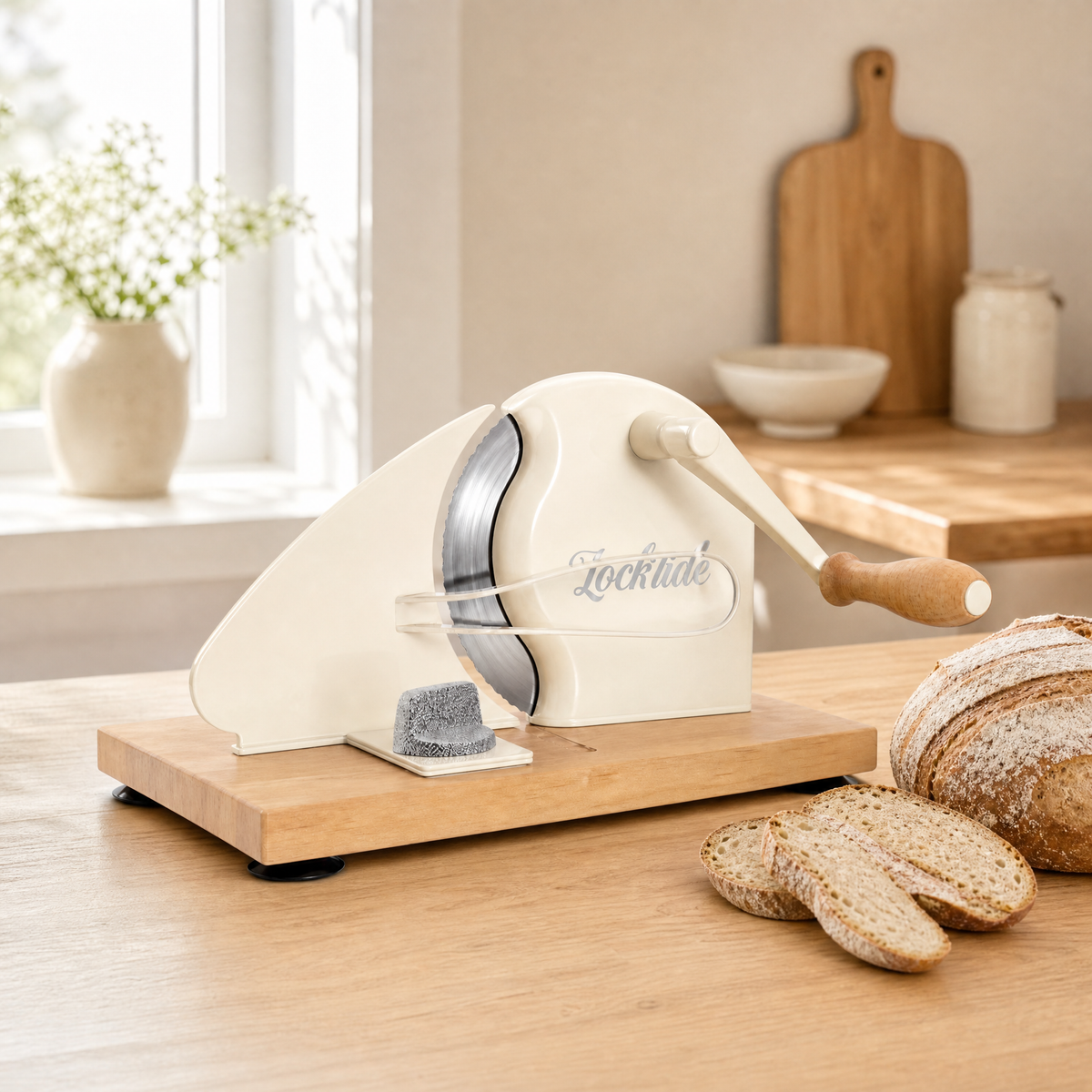 LockTide Manual Bread Slicer for Sourdough Homemade Adjustable Thickness | Hand Crank Bread Cutter With Scale Line & Suction Cups & Solid Wood Base & Sharp Serrated Blade, Evenly slices artisan loaves