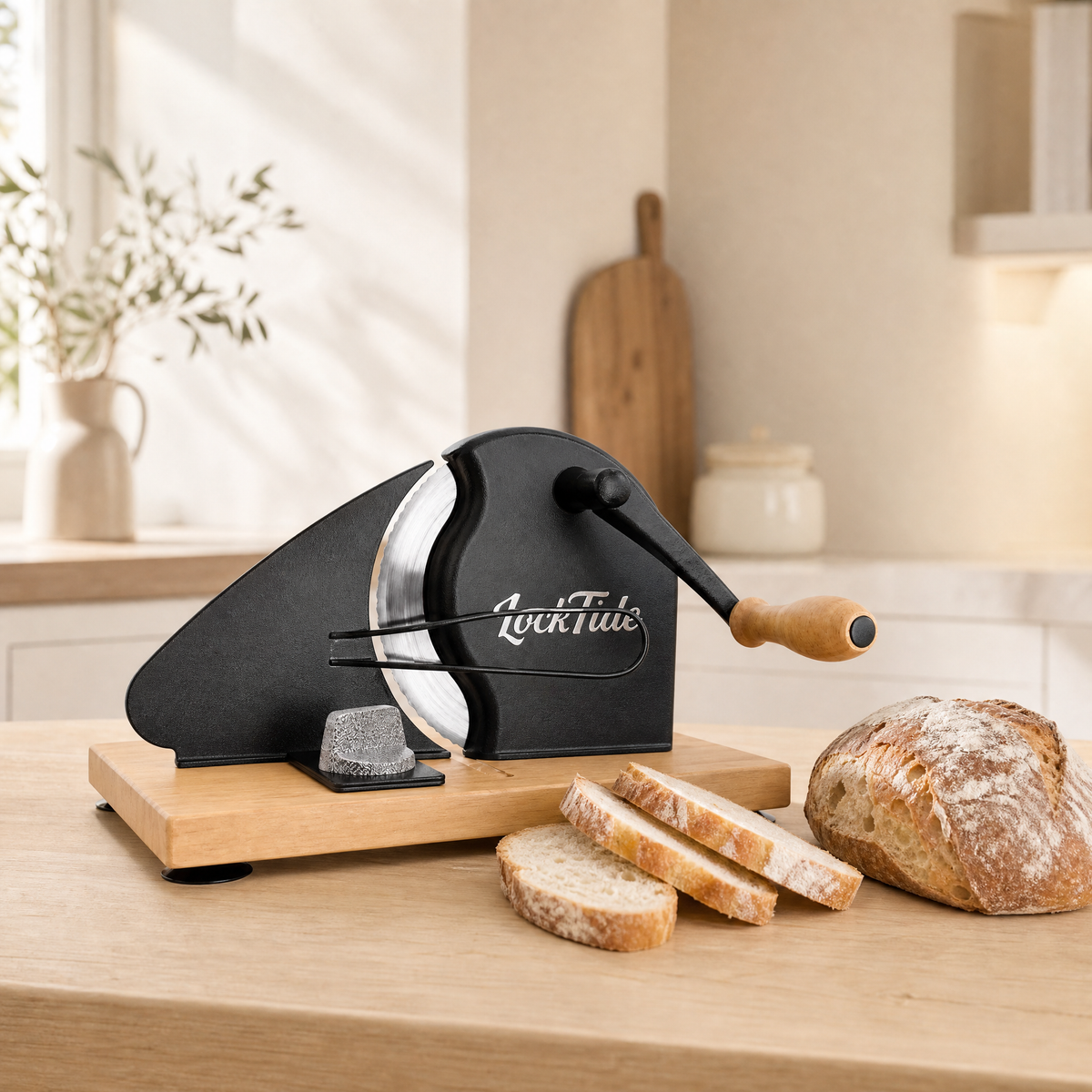 LockTide Manual Bread Slicer for Sourdough Homemade Adjustable Thickness | Hand Crank Bread Cutter With Scale Line & Suction Cups & Solid Wood Base & Sharp Serrated Blade, Evenly slices artisan loaves