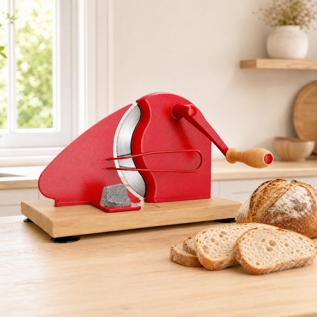 LockTide Manual Bread Slicer for Sourdough Homemade Adjustable Thickness | Hand Crank Bread Cutter With Scale Line & Suction Cups & Solid Wood Base & Sharp Serrated Blade, Evenly slices artisan loaves