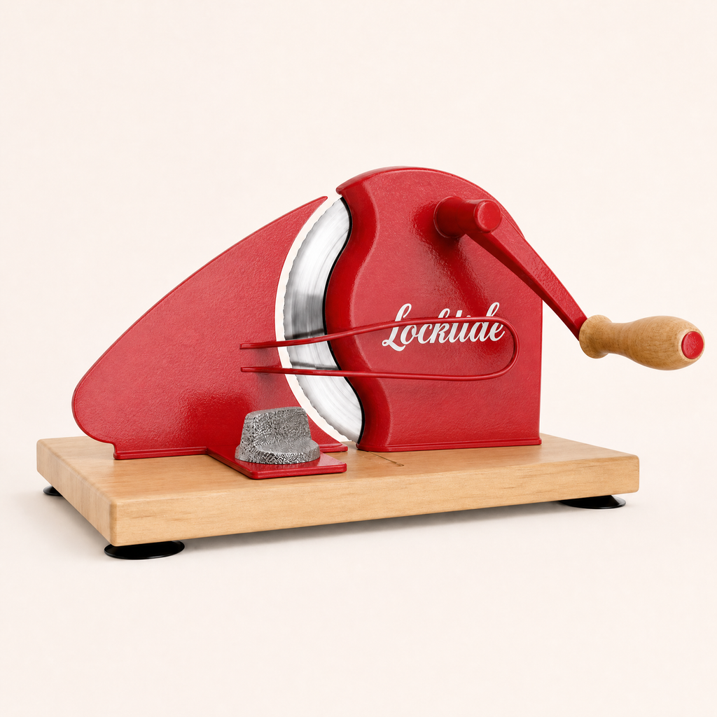 LockTide Manual Bread Slicer for Sourdough Homemade Adjustable Thickness | Hand Crank Bread Cutter With Scale Line & Suction Cups & Solid Wood Base & Sharp Serrated Blade, Evenly slices artisan loaves