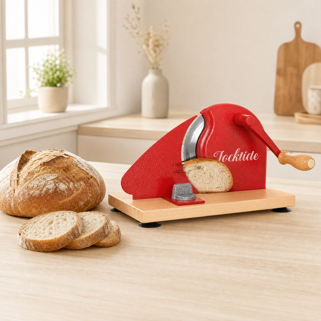 LockTide Manual Bread Slicer for Sourdough Homemade Adjustable Thickness | Hand Crank Bread Cutter With Scale Line & Suction Cups & Solid Wood Base & Sharp Serrated Blade, Evenly slices artisan loaves